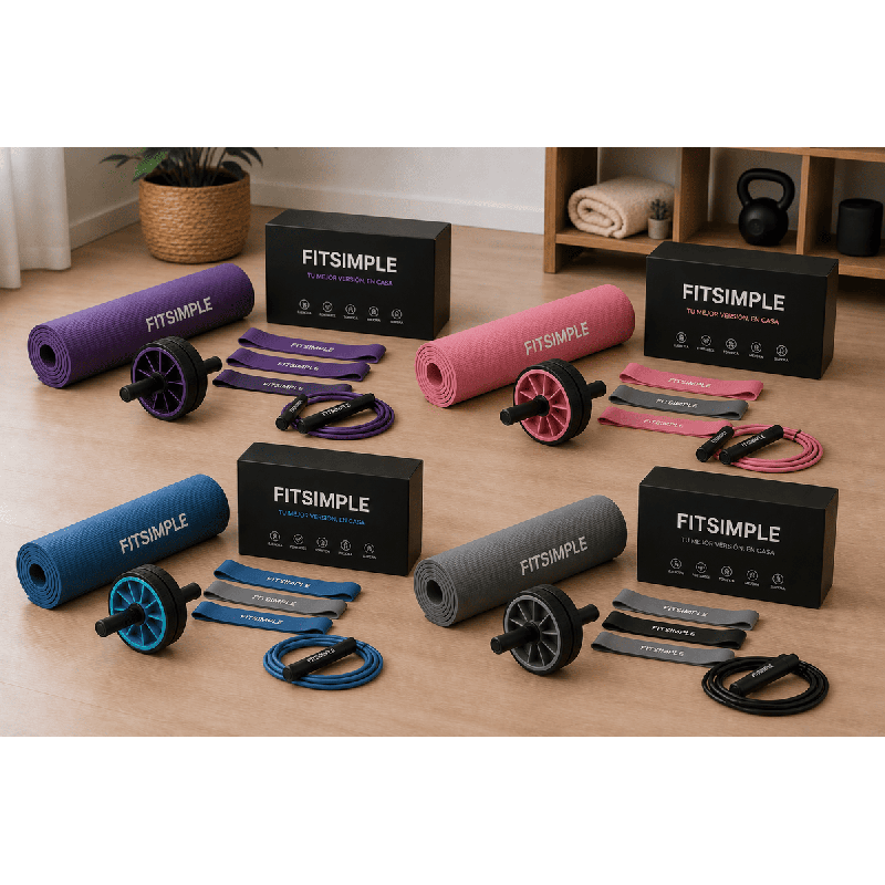 Kit FitSimple en Casa con accesorios fitness completos para entrenar, tonificar músculos y mantener una rutina deportiva.