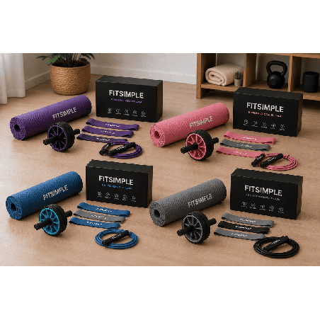 Kit FitSimple en Casa con accesorios fitness completos para entrenar, tonificar músculos y mantener una rutina deportiva.